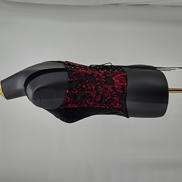 Frederick's of Hollywood Black Red Velvet Corset Eyehook Closure Lace-up Medium - Picture 8 of 11